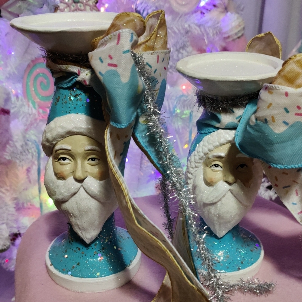 Festive Santa Candle Holders - Blue and White